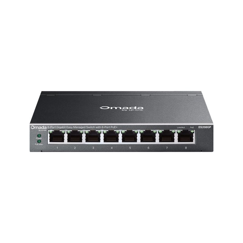 TP-Link Omada ES208GP, 8-porttinen Gigabit PoE+ -kytkin, 64W, musta