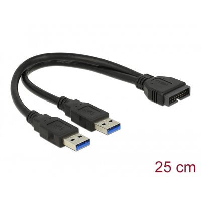 DeLock USB 19-pin header -> 2x 3.2 Gen1 USB-A, 25cm, musta