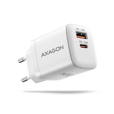 AXAGON 33W GaN -laturi, USB-C, USB-A, valkoinen