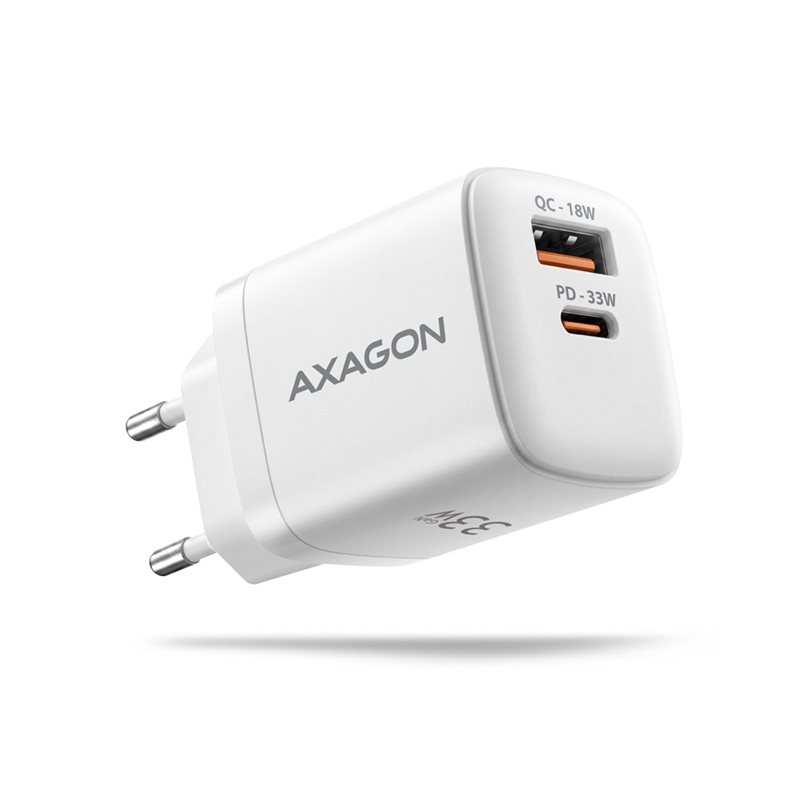AXAGON 33W GaN -laturi, USB-C, USB-A, valkoinen