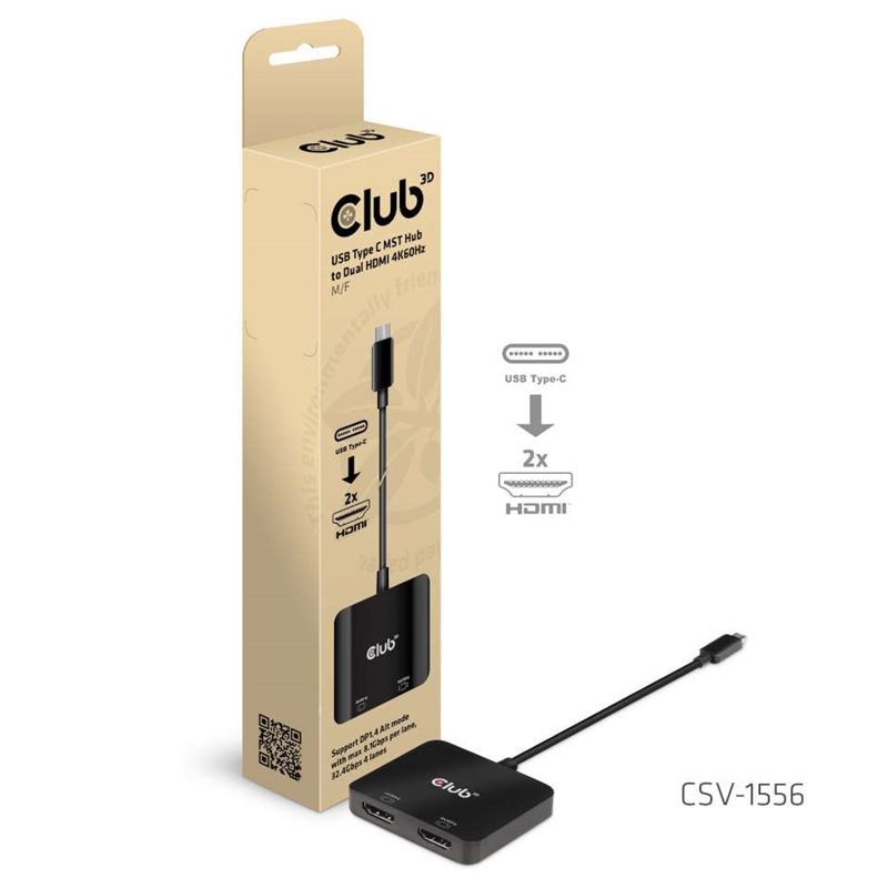 Club 3D USB Type C MST Hub -> Dual HDMI 4K60Hz -sovitin, uros -> naaras, musta