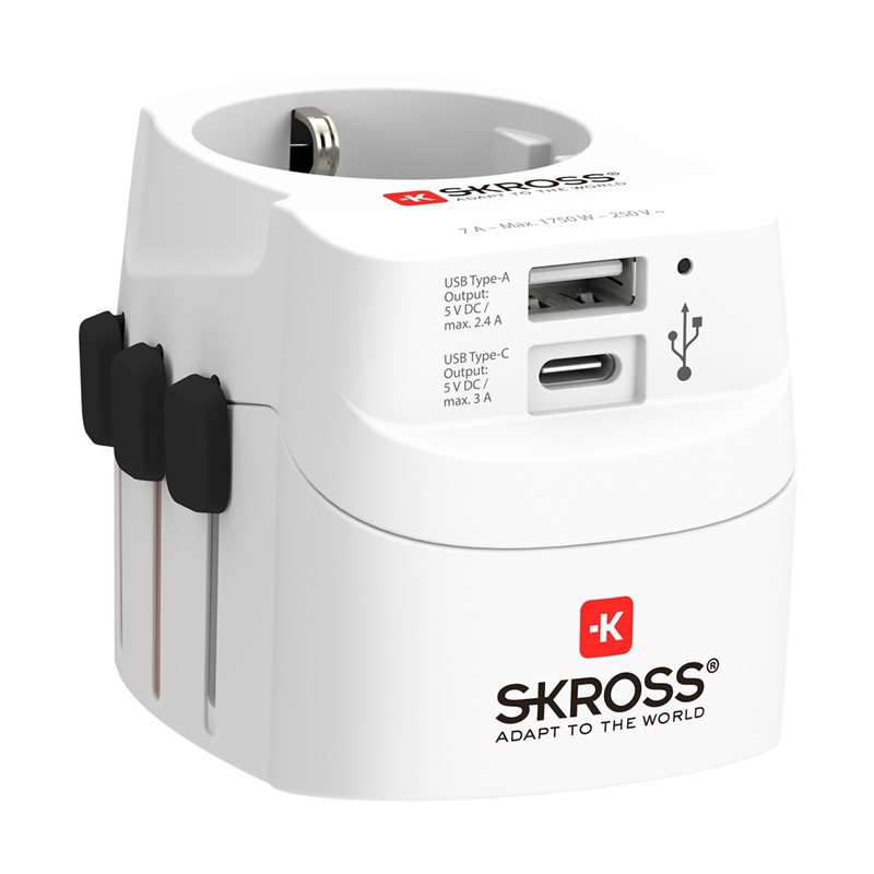 Skross PRO Light USB -maa-adapteri, USB Type-A + Type-C, valkoinen