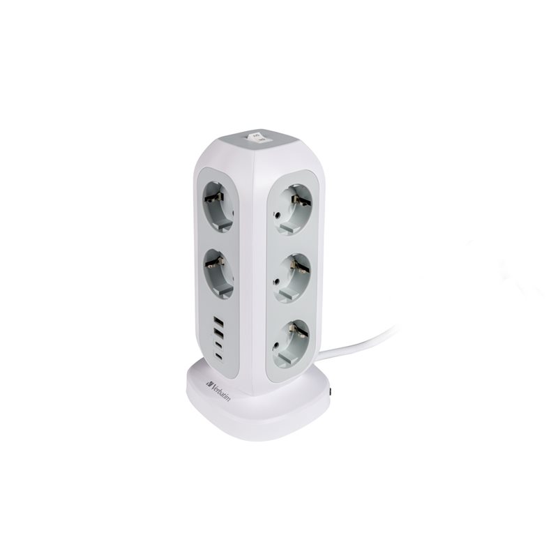 Verbatim 15-paikkainen pistorasiapylväs pöydälle, 11x Schuko, 2x USB-C 15W, 2x USB-A 15W, valkoinen