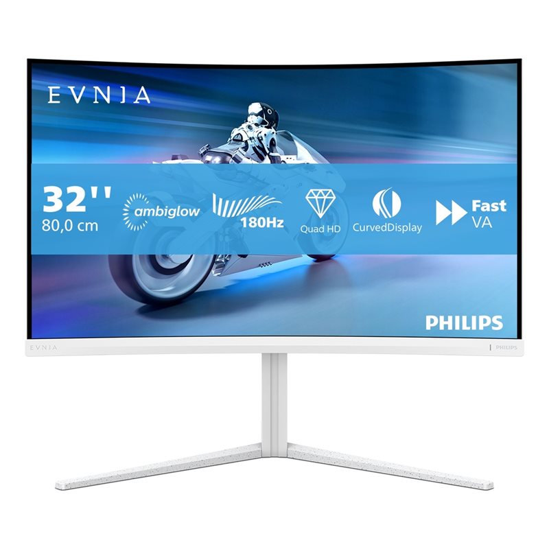 Philips 31,5" Evnia 5000 32M2C5501, kaareva 180Hz QHD-pelimonitori, valkoinen