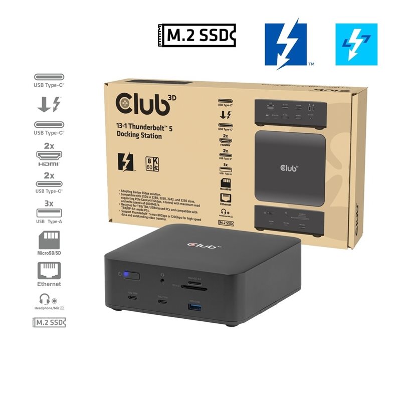 Club 3D Thunderbolt5 13-in-1 -telakka, musta