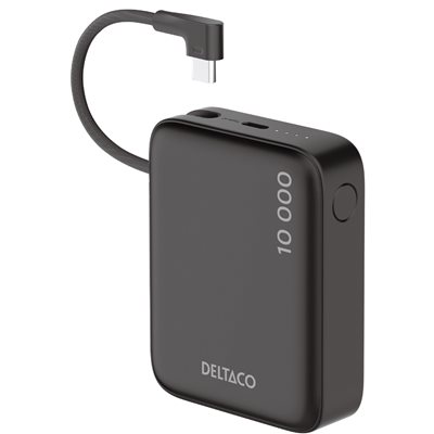 Deltaco 10000 mAh varavirtalähde, kiinteä USB-C-kaapeli + USB-C PD 20W, musta