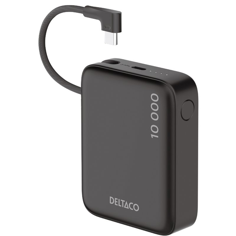 Deltaco 10000 mAh varavirtalähde, kiinteä USB-C-kaapeli + USB-C PD 20W, musta