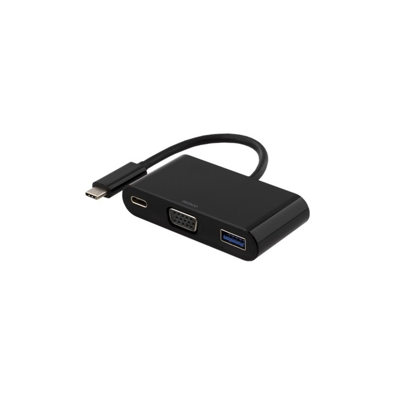 Deltaco Sovitin USB-C -> VGA, USB Type-A ja USB-C naaras, 60W (Poistotuote! Norm. 60,90€)