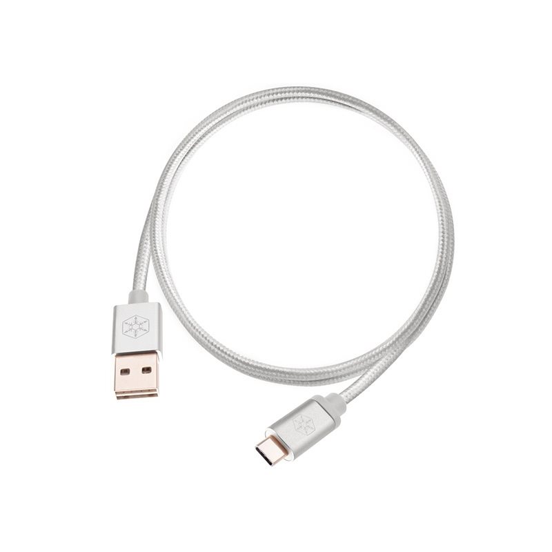 SilverStone 2.0 USB-A - USB-C -kaapeli, 3A, punottu, 1m, hopea