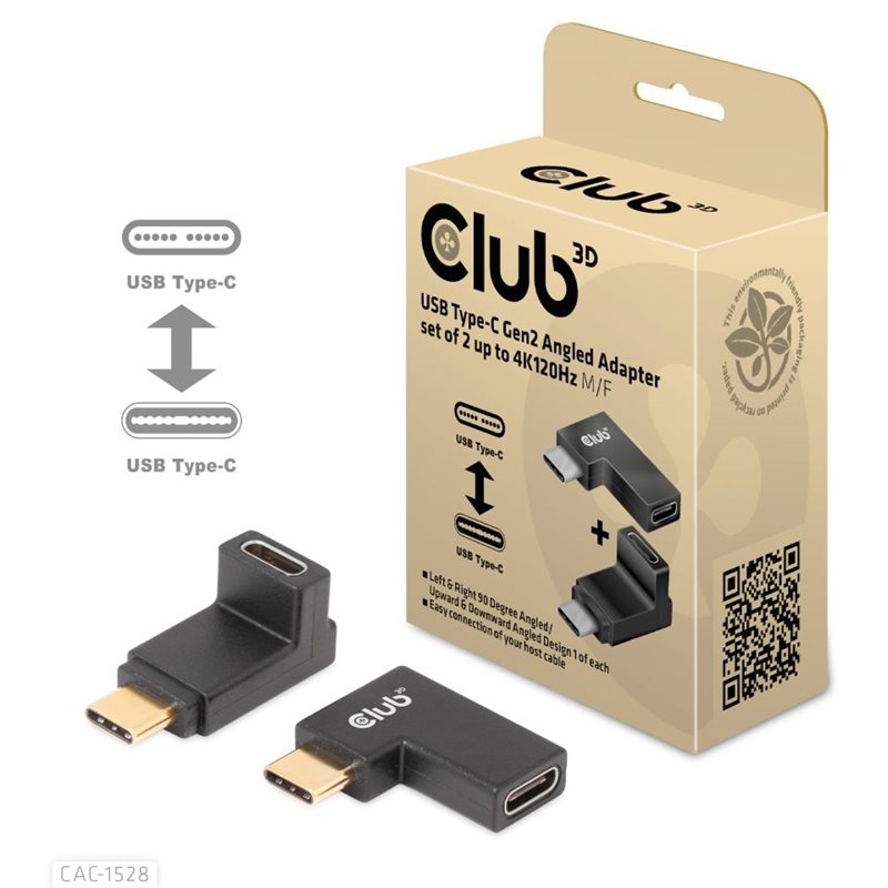 Club 3D USB Type-C Gen2 Angled -sovitinsarja, 2 kpl, 4K120Hz, uros/naaras, musta