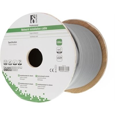 Deltaco S/FTP Cat7 suojattu asennuskaapeli, LSZH, 100m kela, harmaa