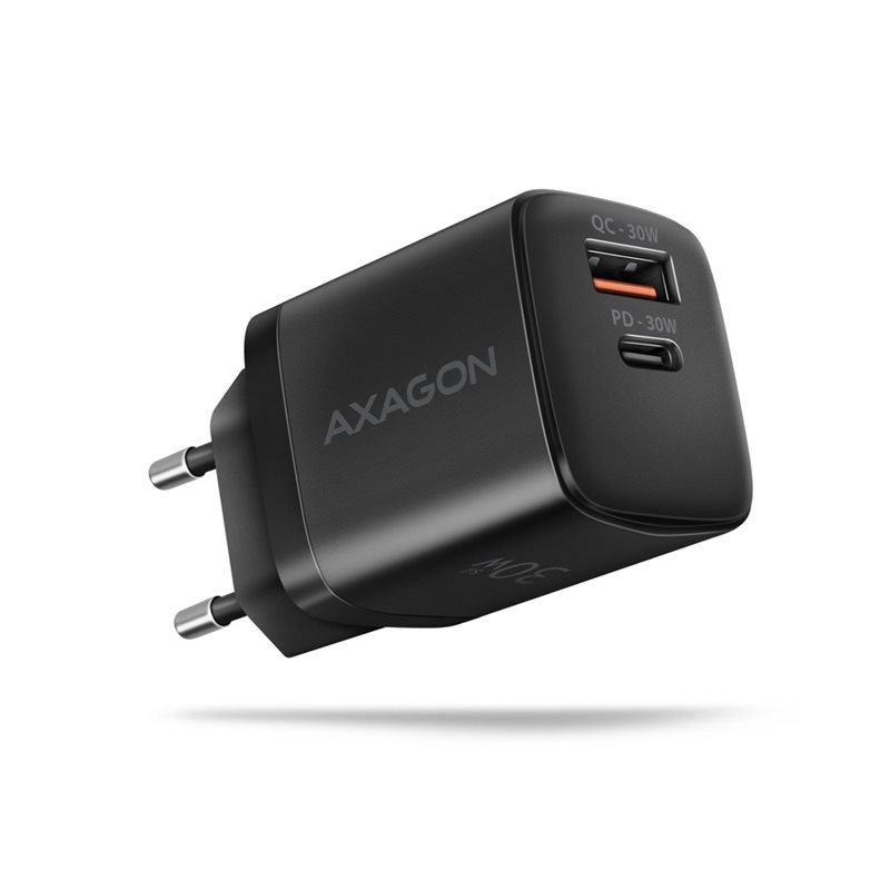 AXAGON 30W verkkovirtalaturi, USB-C + USB-A, PD3/QC3, musta