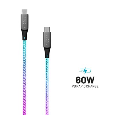 Fixed USB-C -kaapeli, RGB-Led, PD3.0 3A 60W, 1,2m, läpinäkyvä