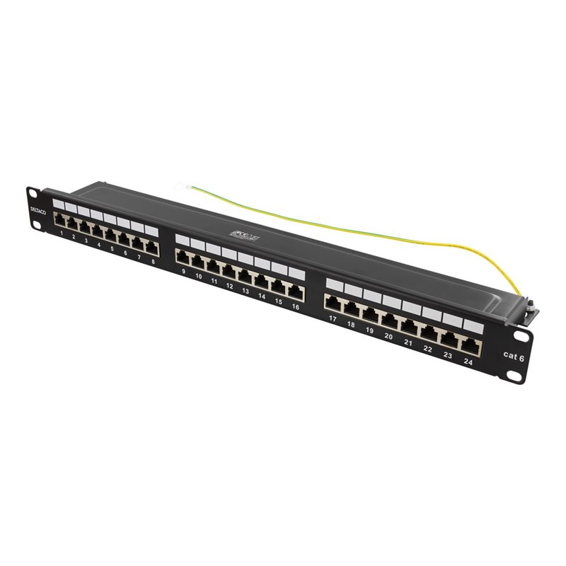 Deltaco 19" STP-kytkentäpaneeli, 24x RJ45, Cat6, 10Gbps, 1U, metallia