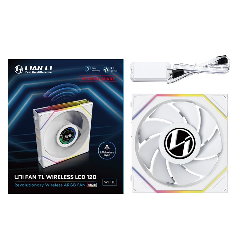 Lian Li UNI FAN TL Wireless LCD 120 Reverse Blade, 120mm PWM-laitetuuletin, valkoinen - Kuva 2