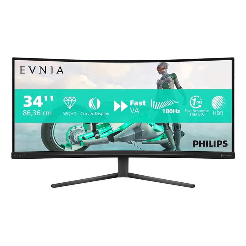 Philips (Outlet) 34" Evnia 3000 34M2C3500L, kaareva 180Hz WQHD-pelimonitori, musta