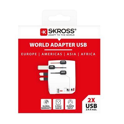 Skross PRO Light USB -maa-adapteri, 2 x USB Type-A, valkoinen