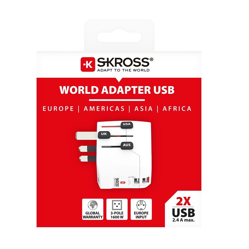 Skross PRO Light USB -maa-adapteri, 2 x USB Type-A, valkoinen