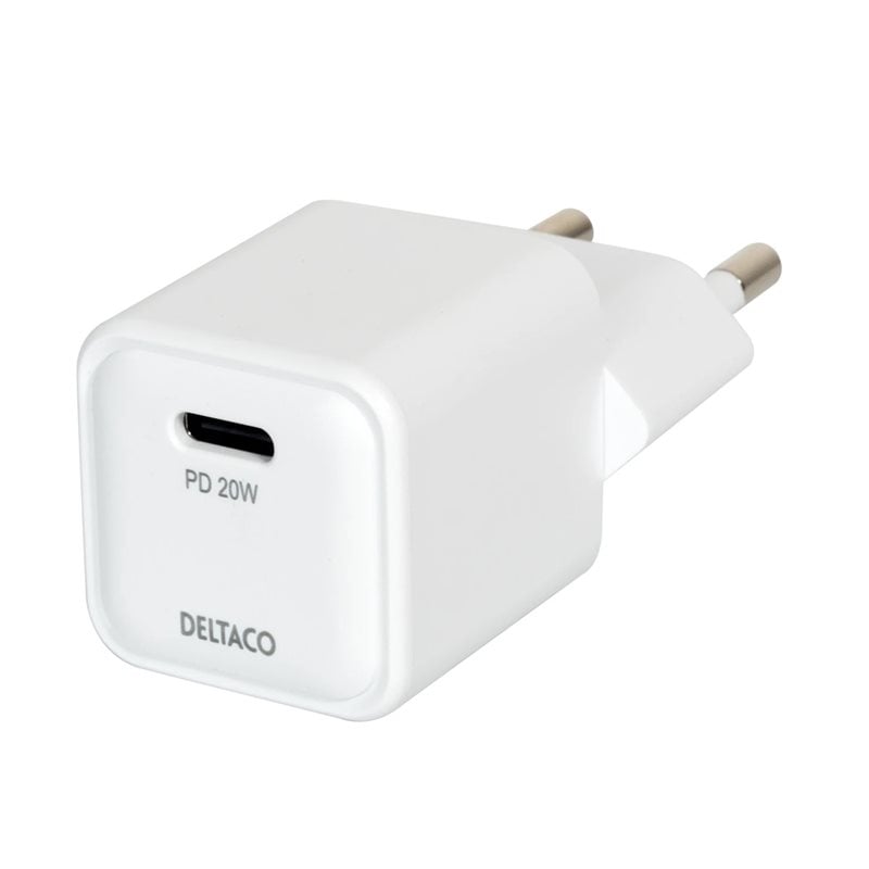 Deltaco 20W verkkovirtalaturi, USB-C PD, valkoinen