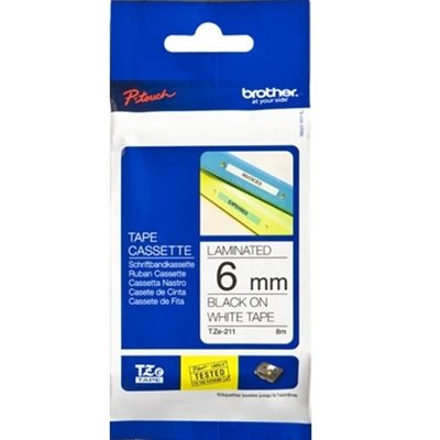 Brother TZe 211 laminaattinauha, musta valkoisella, 6mm, 8m