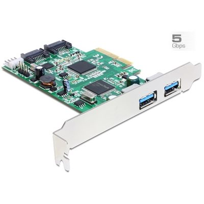DeLock 2-porttinen 3.2 Gen1 USB-A + 2x sisäinen SATA 6 Gb/s, PCIe x4 -lisäkortti