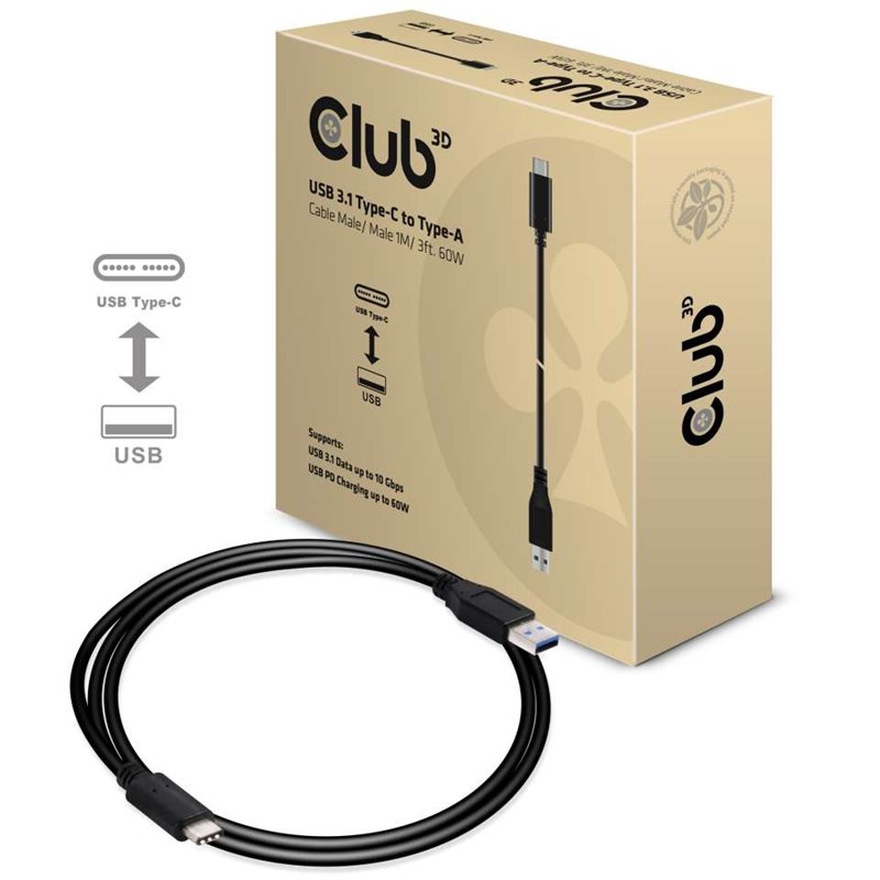 Club 3D 3.1 Gen2 USB-C - USB-A -kaapeli, 10Gbps, PD2.0 3A 60W, 1m, musta