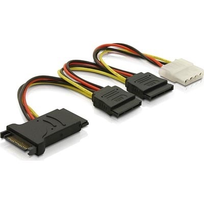 Deltaco Y-virta-adapteri, 15-pin SATA & Molex 4-pin, 3x SATA, 1x Molex, 15cm, monivärinen