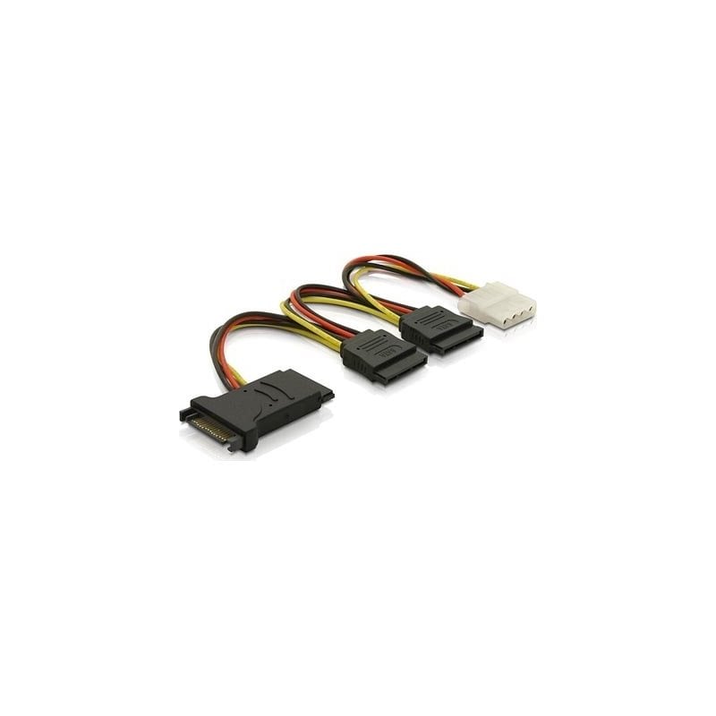 Deltaco Y-virta-adapteri, 15-pin SATA & Molex 4-pin, 3x SATA, 1x Molex, 15cm, monivärinen