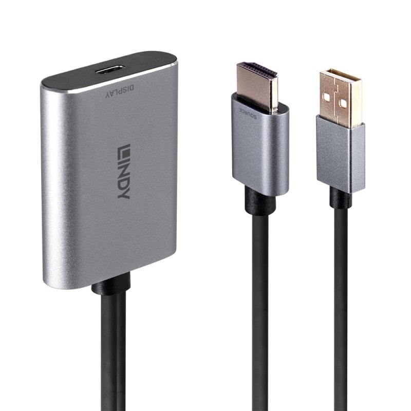 Lindy HDMI -> USB-C -adapteri, USB-A lisävirralla, hopea