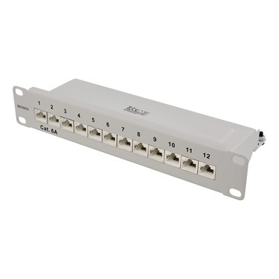 Deltaco 10" kytkentäpaneeli, 12x Cat6a suojattu STP, 10Gbps, Krone-rimat, 22-26AWG, harmaa