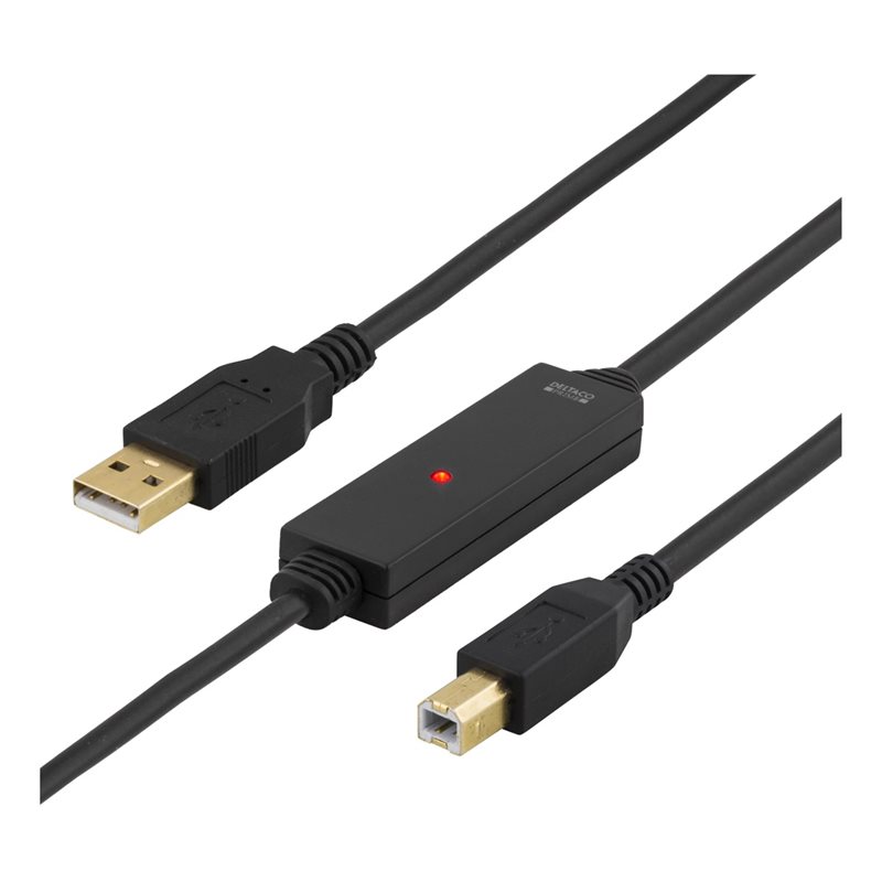 Deltaco 2.0 USB-A - USB-B -kaapeli, aktiivinen, 10m, musta