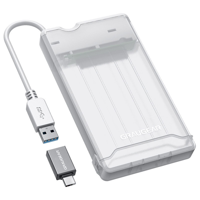 GRAUGEAR USB 3.0 Enclosure, ulkoinen kiintolevykotelo 2.5" SATA HDD/SSD-levylle, läpikuultava/valkoinen