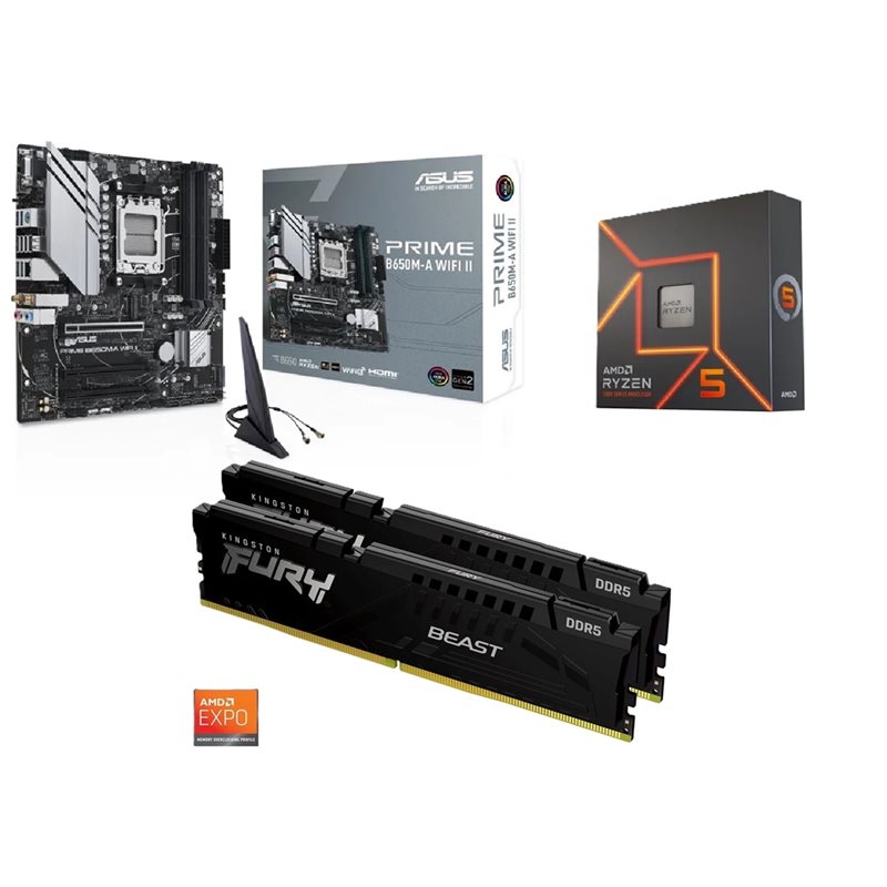 Asus PRIME B650M-A WIFI II + Ryzen 5 7600X + 32GB DDR5 6000MHz -tuotepaketti