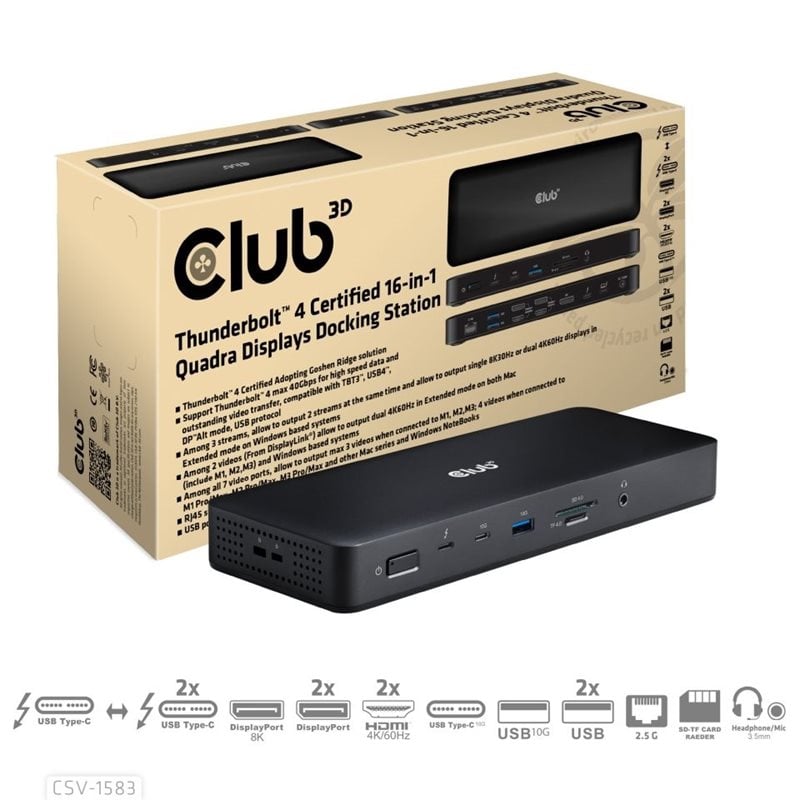 Club 3D Thunderbolt4 16-in-1 -telakka, musta