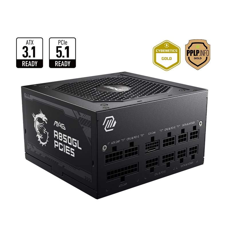 MSI (Outlet) 850W MAG A850GL PCIE5, ATX-virtalähde, 80 plus Gold, musta