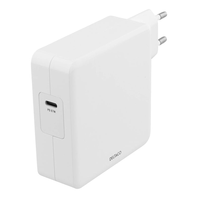 Deltaco 87W verkkovirtalaturi, USB-C PD, valkoinen