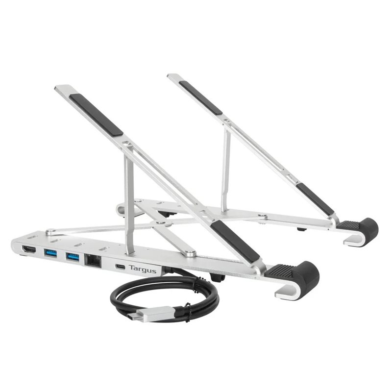 Targus Portable Laptop Stand with Integrated USB-C Dock, kannettavan säädettävä jalusta, harmaa