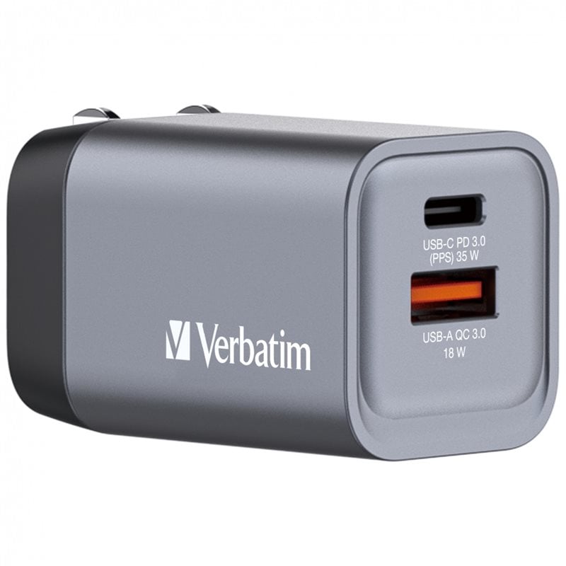 Verbatim 35W GaN-verkkovirtalaturi, USB-C PD3.0, USB-A QC3.0, harmaa