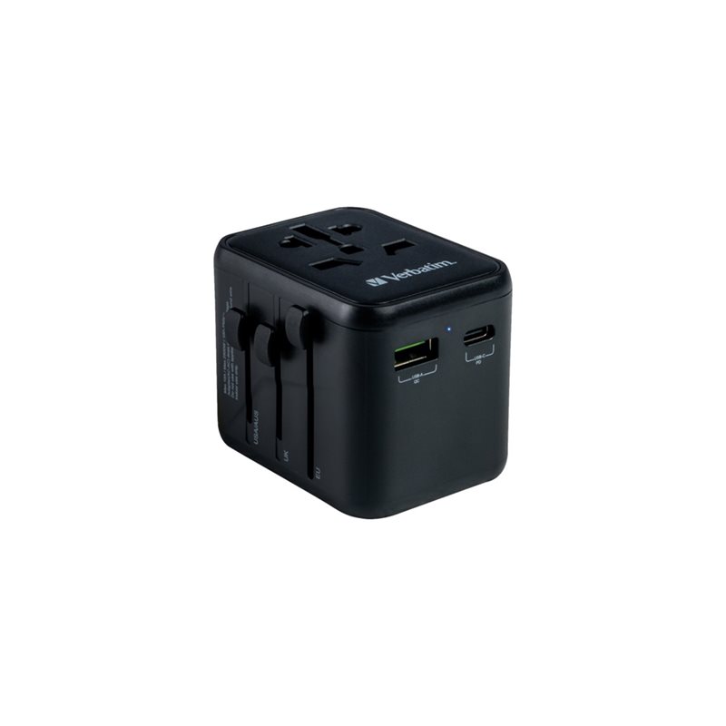 Verbatim Universaali matkasovitin, USB-C PD 20W, USB-A QC3 18W, musta