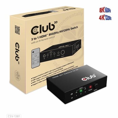 Club 3D 3 -> 1 HDMI 8K60Hz/4K120Hz -kytkin, musta