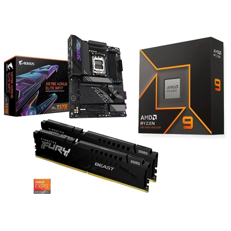 Gigabyte X870E AORUS ELITE WIFI7 + Ryzen 9 9900X + 32GB DDR5 6000MHz -tuotepaketti