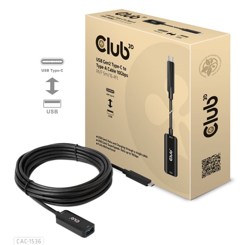 Club 3D 3.2 Gen2 USB-C - USB-A, 10Gbps -jatkokaapeli, uros-naaras, 5m, musta
