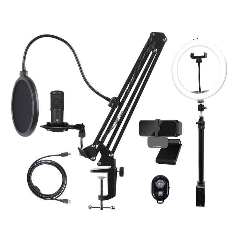 Deltaco Gaming Streaming Kit, sis. mikrofonin tarvikkeineen + webcam + ring light, musta