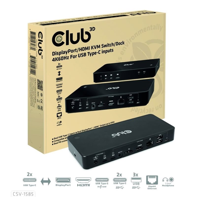 Club 3D KVM-kytkin/talakka, HDMI, DP, 2x USB-C, USB-A, GLAN, audio, USB-C PD3.0 100W, musta
