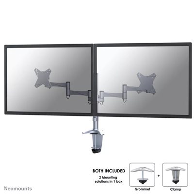 Neomounts 10-27" x2 Monitor Desk Mount, näyttövarsi pöydälle kahdelle näytölle, hopea