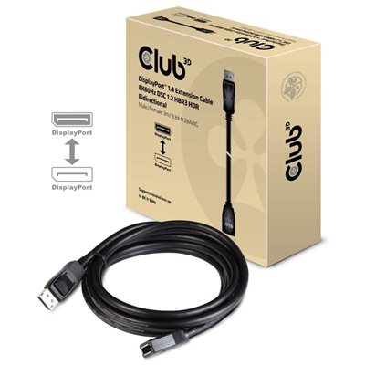 Club 3D DisplayPort 1.4 -jatkokaapeli, uros -> naaras, HBR3, 3m, musta