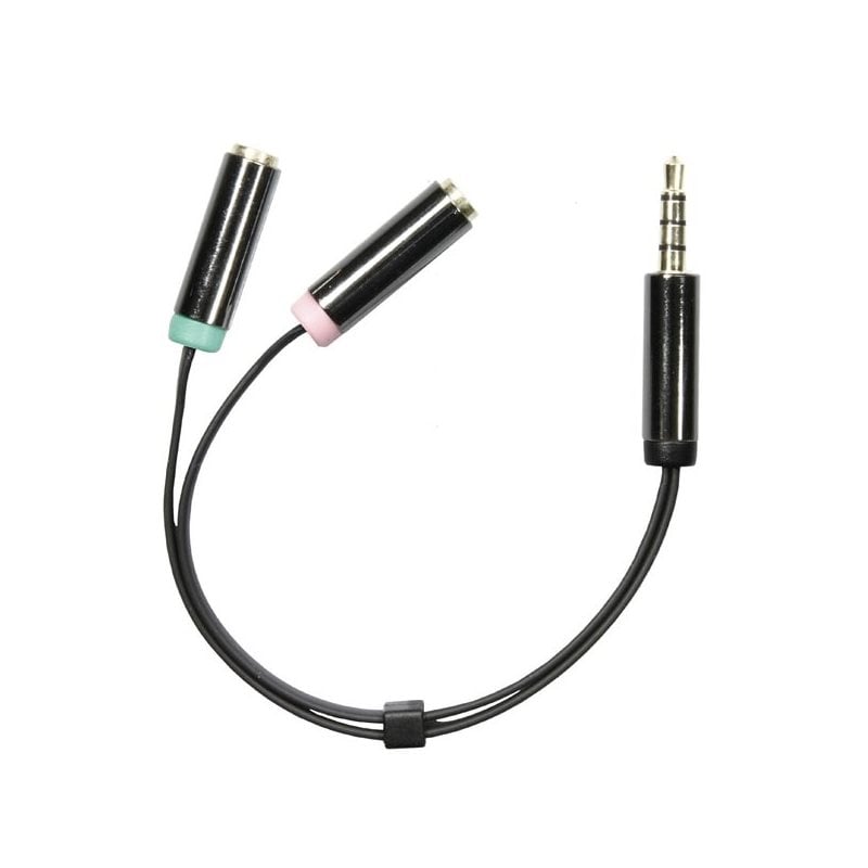 Deltaco Äänisovitin, 3,5mm uros -> 2 x 3,5mm mikrofoni/stereo naaras, 4-pin, 0,1m, musta