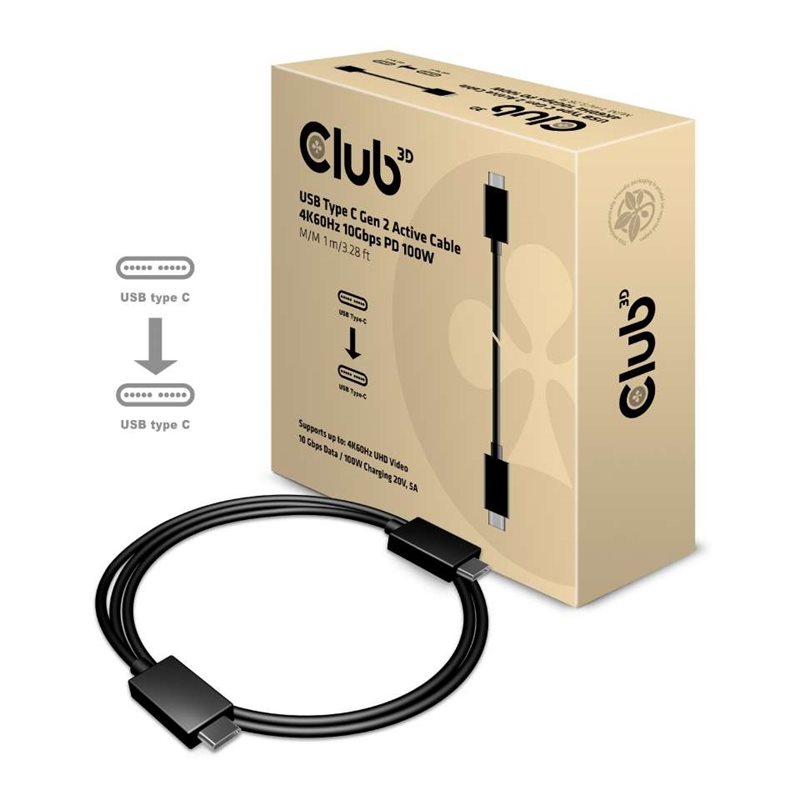Club 3D 3.1 Gen2 USB-C -kaapeli, PD2.0 5A 100W, 0,8m, musta (Poistotuote! Norm. 29,90€)
