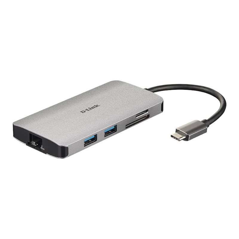 D-Link 8-in-1 USB-C Hub, jossa HDMI/Ethernet/kortinlukija/PD, harmaa/musta (Tarjous! Norm. 94,90€)