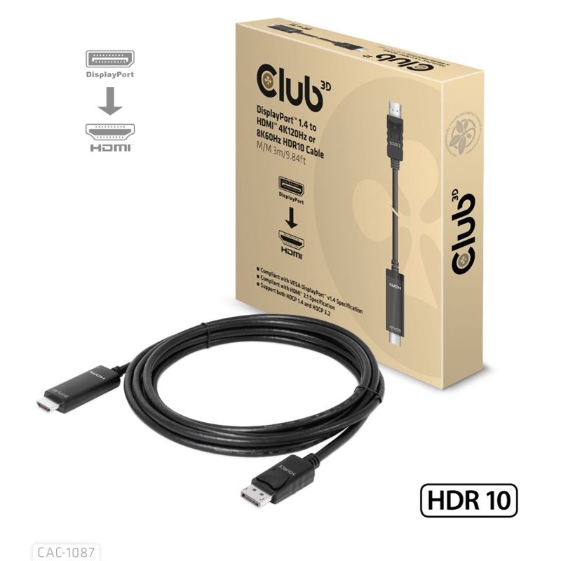 Club 3D DisplayPort 1.4 -> HDMI 4K120Hz / 8K60Hz -sovitinkaapeli, 3m, musta